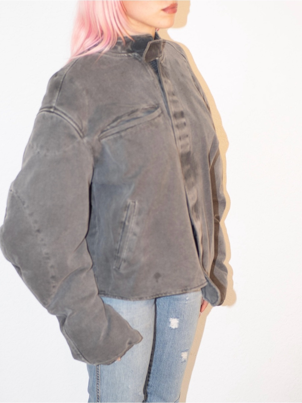 Greg Ross Gray Puffy Sleeve Bomber Jacket